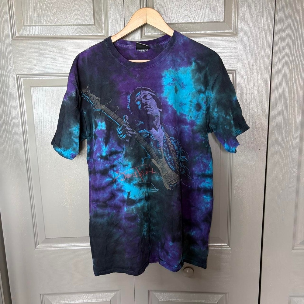Vintage Liquid Blue Jimi Hendrix Tie Dye Shirt Mens Large Purple Blue Rock Tee